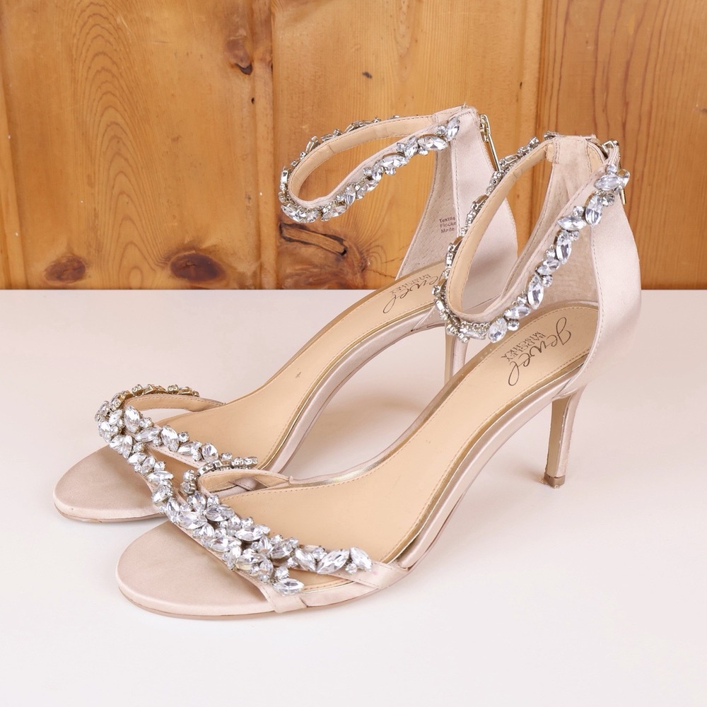 Jewel Badgley Mischka Rhinestone Crystal Satin Ankle Strap Stiletto Heels Size 9